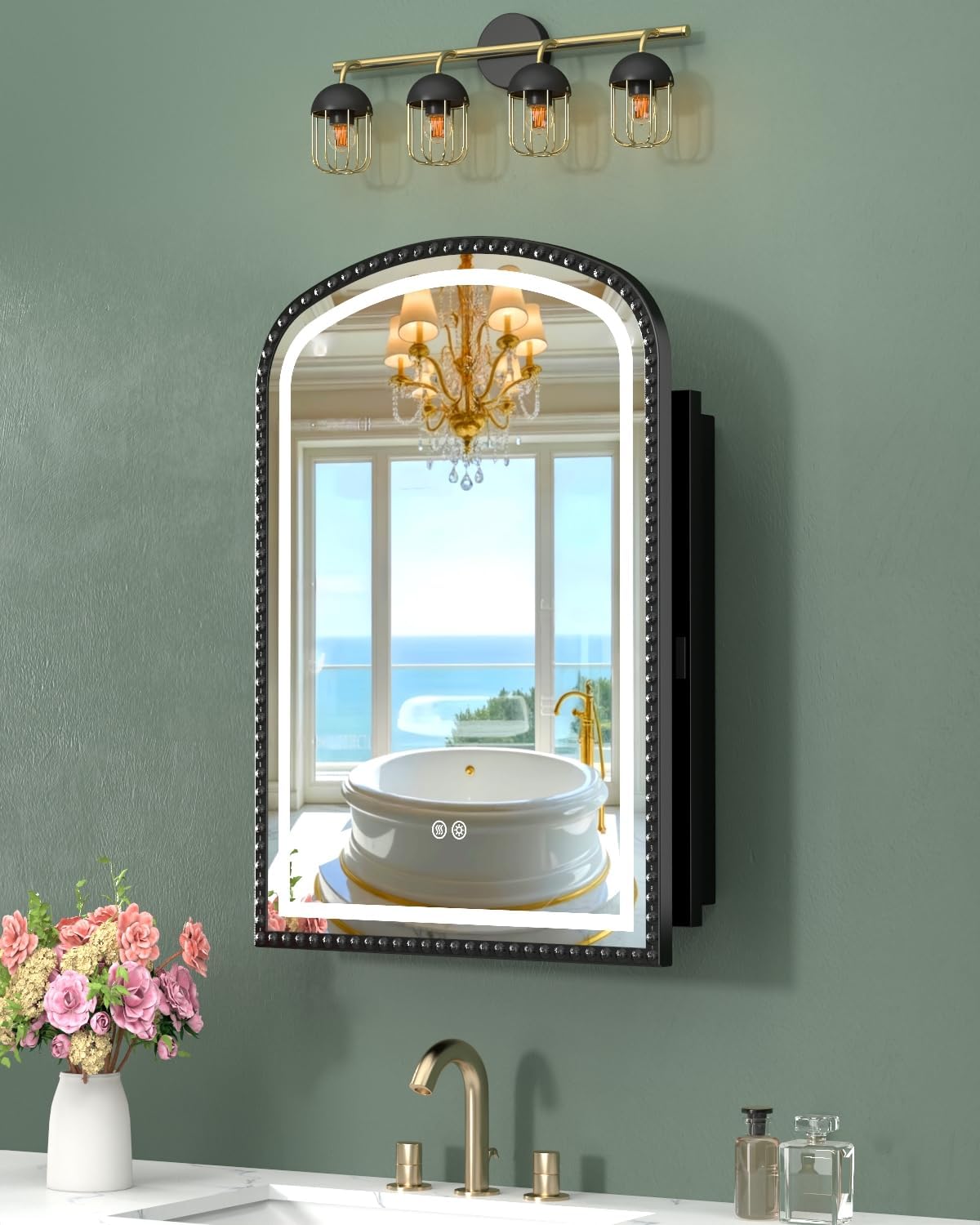 20" x 28" Black LED Bathroom Medicine Cabinet Mirror, Lighted Medicine Cabinets with Mirrors and Storage Wall Mount & Recessed, Dimmable 3 Lighting Colors and Anti-Fog, 1 Organizer, Daisy Beaded Frame