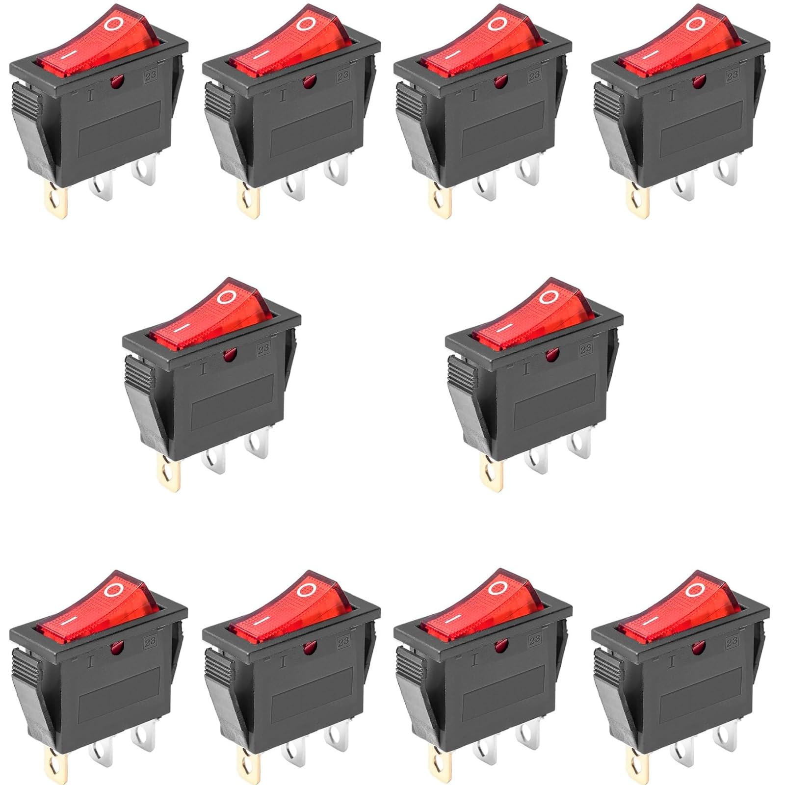 Oiyagai Lot De 10 Interrupteurs à Bascule KCD3-101N ON/OFF Lumineux Rouge - AC 250V 16A / 125V 20A
