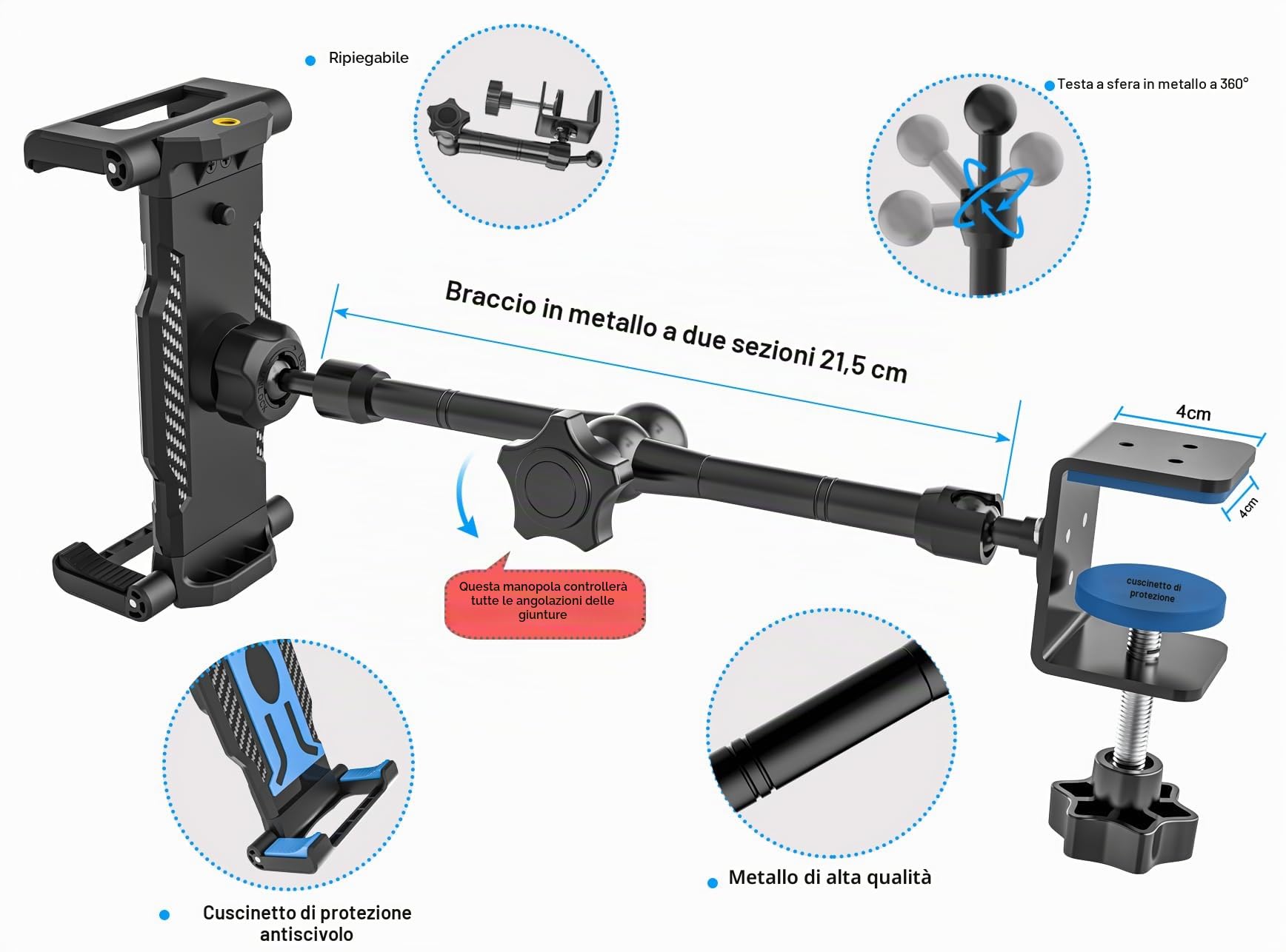 Supporto Tablet Cucina Scrivania - Adatto per Tavolo e Mobile | Supporto Tablet Banco con Braccio Metallico Regolabile per iPad Pro 12.9 Air Mini, Galaxy Tab Ultra, Switch, 6-14.6"