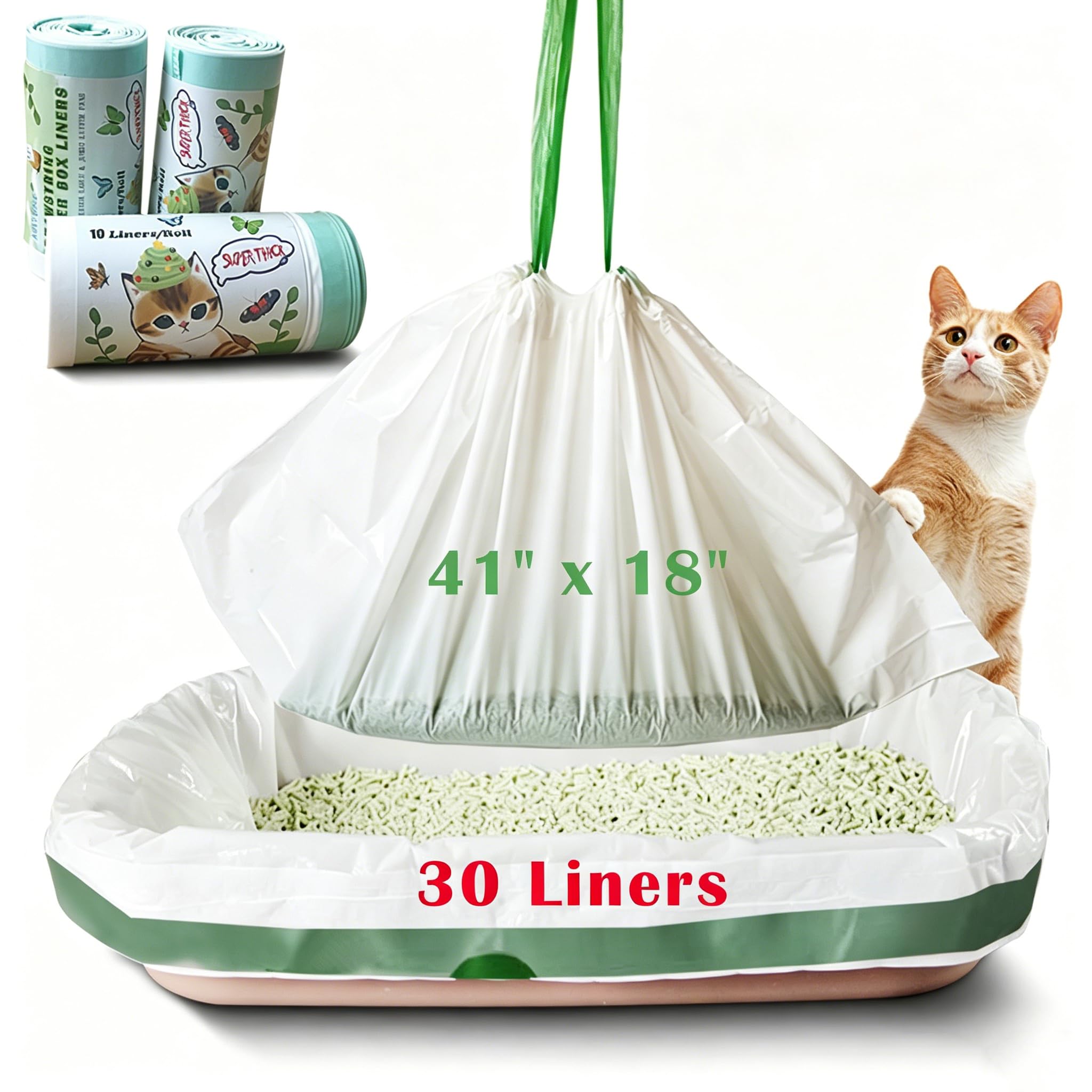 Bolsas de arena para gatos Jumbo, 30 unidades extra gruesas de 4 mils duraderas desechables con cordón para mascotas, bolsas de arena para gatitos, 41 x 18 pulgadas