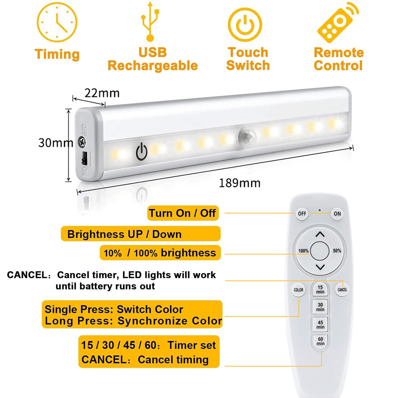 Luz Para Armario, 20 LED Luz Armario Recargable USB Lámpara Nocturna Inalámbrica Con 3 Modos De Iluminación, Lámpara Armario Con Tira Magnética, Luces LED Para Gabinetes, 2 Packs