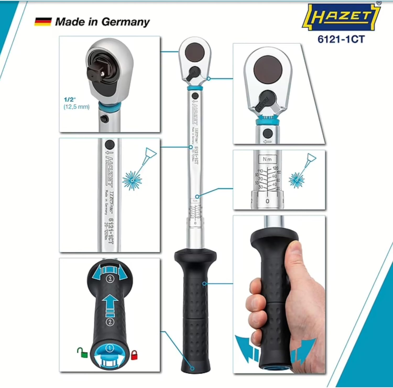 Hazet 6121-1CT 20-120 N m Torque Wrench - Black/Silver