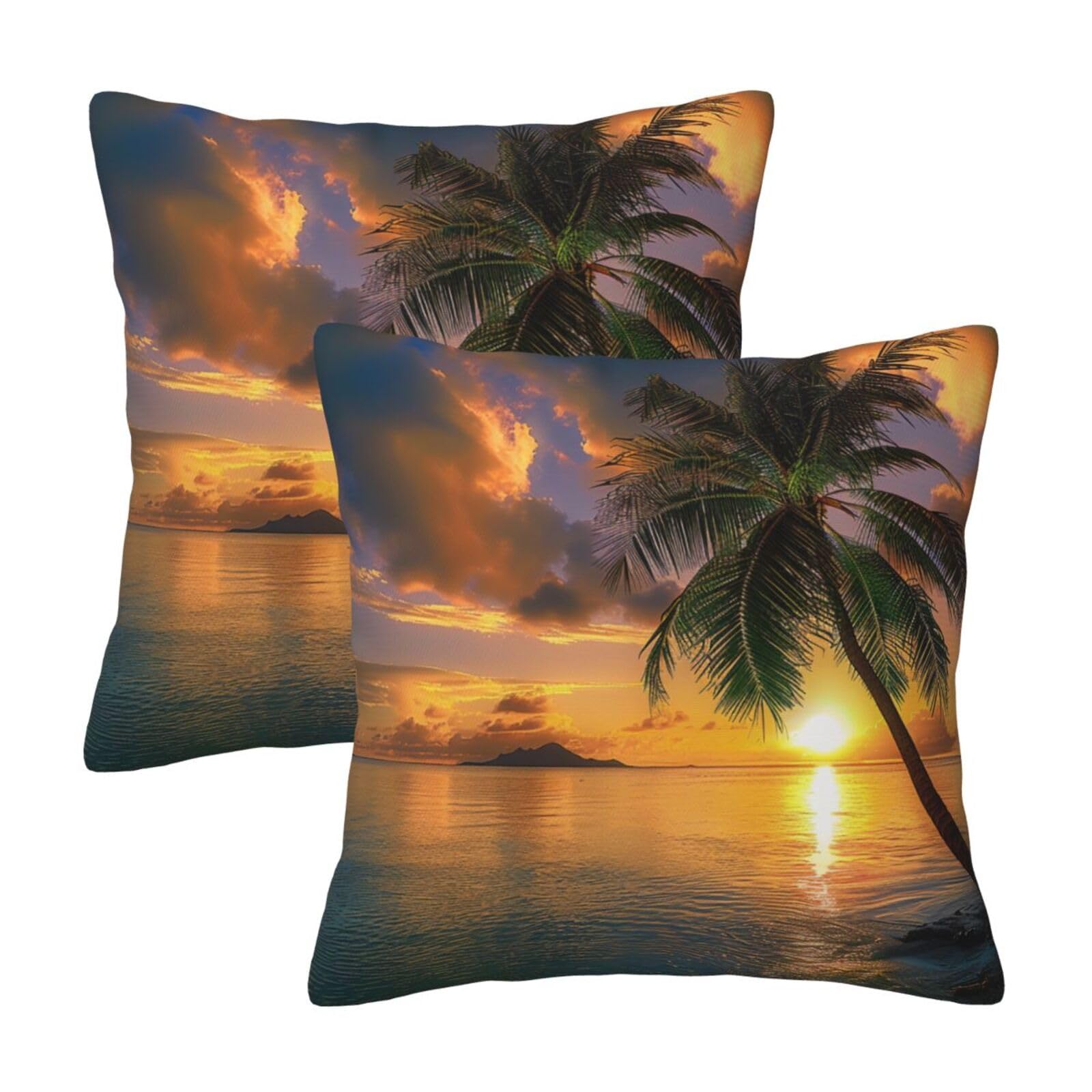 Tropical Hawaii Palm Tree Sea Sunset Throw Pillow Cases 2 Pack Square Pillowcases Soft Pillow Protectors for Couch Livingroom Sofa Bed Office Car,30x30 CM