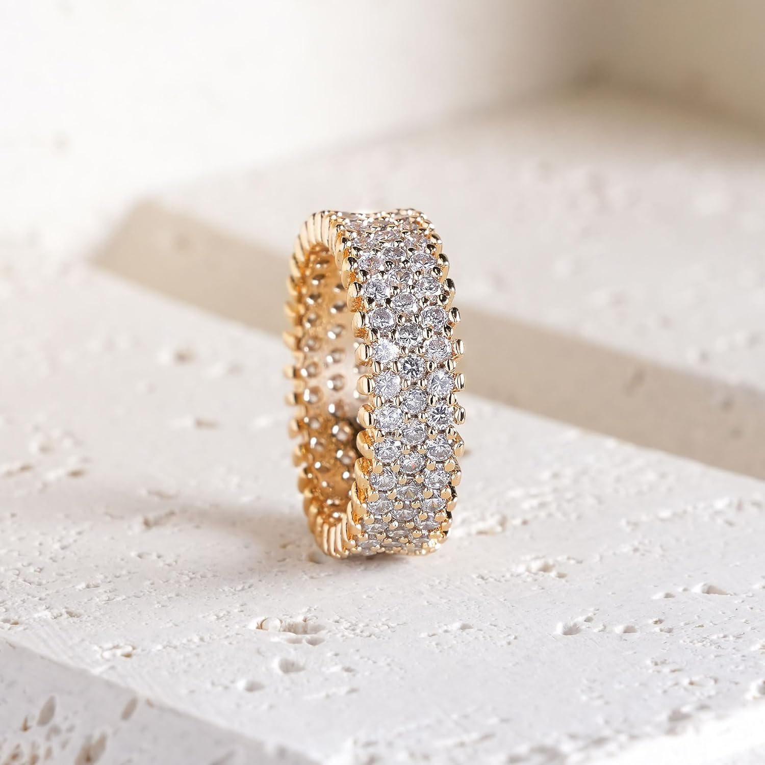 KEAO CELINE 3-Row Eternity Band Ring, 14K Gold Plated or Rhodium Plated, Cubic Zirconia Pave Setting