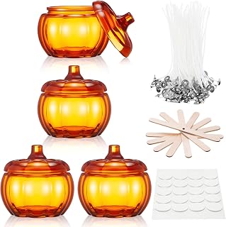 Sliner 4 Pcs Pumpkin Jars for Candle Making, Glass Candle Jars with Lid, Including DIY Material for Halloween Fall Thanksgiving Autumn Table Decorations Gifts(Orange)
