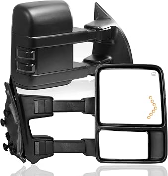 PZ Power Heated Tow Mirrors Compatible with 1999-2007 Ford F250 F350 F450 F550 Super Duty, 2001-2005 Ford Excursion, Power Glass Manual Telescoping Folding Smoked Signal LED Arrow Glass, Black