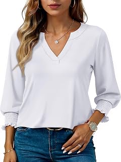 Blouses for Womens 3/4 Length Sleeve Casual Tops Loose V Neck T Shirt with Smocked Cuffs