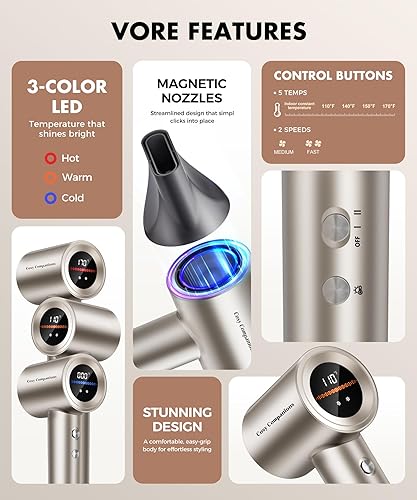 Miniatura 5 de Cosy Companions Secador de pelo, secador de pelo de alta velocidad de 150000 RPM para secado rápido, bajo ruido, pantalla HD, 5 temperaturas y 2