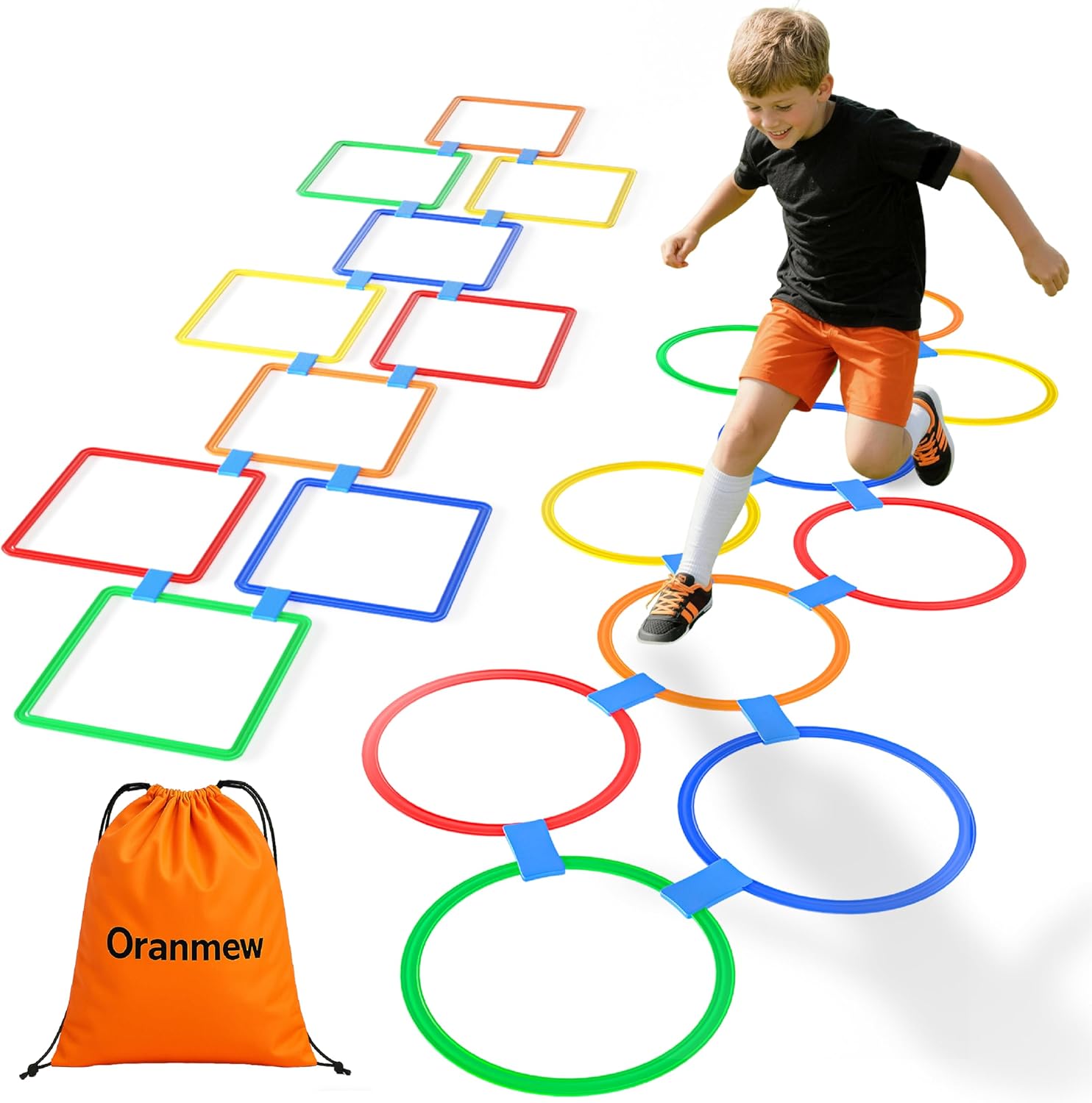 Hopscotch Rings – Hoop + Square, 2-Set – (10 Round + 10 Square, 15-inch) + 30 Connectors, Agility Rings for Kids, Gross Motor Skills, Preschool & Kindergarten PE, Playground Obstacle Course