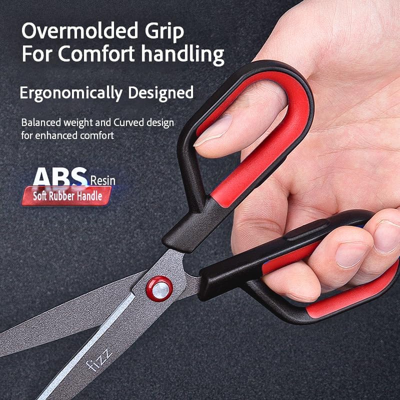 Scissors with Utility ExoKnife Cap, 6.9", Sharp Non-Stick Coated Blades for Office, Craft & Home Use, Stainless Steel Blades (Red)