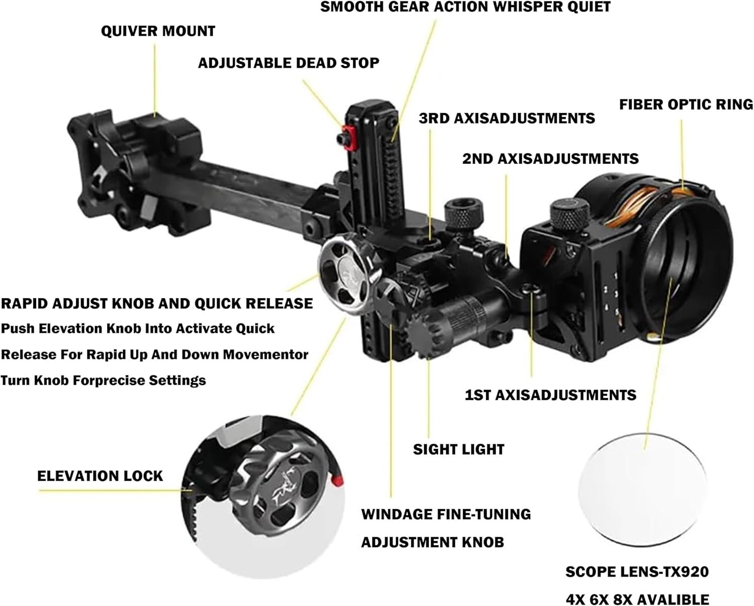 Compound Bow Sight 5 Pin, Carbon Fiber Long Bar, 0.019" Fiber, 4X 6X 8X Lens, Left/Right Universal, Micro Adjustable Bow Sight High-end Competitive Outdoor