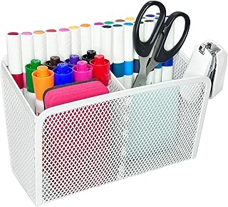 Magnetic Pen Holder for Refrigerator, Strong Magnets Dry Erase Marker Holder for Whiteboard, Mesh Basket for School Locker Organizer, Pencil Cup for Office Classroom (White, 1 Pack)