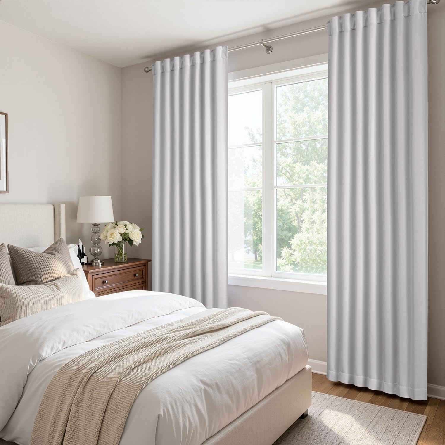 ANRODUO Rod Pocket and Back Tab Pleated Blackout Curtains with Hooks, Rings, White Curtains 84 Inches Long 2 Panels, Thermal Insulated Room Darkening Living Room Bedroom Curtain, 42x84 Inches