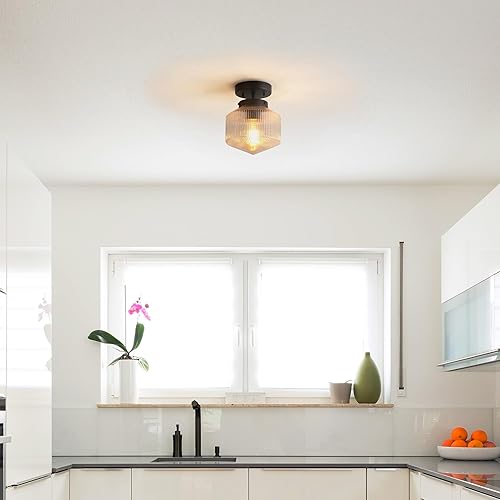 Miniatura 3 de GLOBE Electric 66000078 - Lámpara de techo empotrada con 1 luz, color negro mate, pantalla de cristal transparente acanalada, iluminación moderna