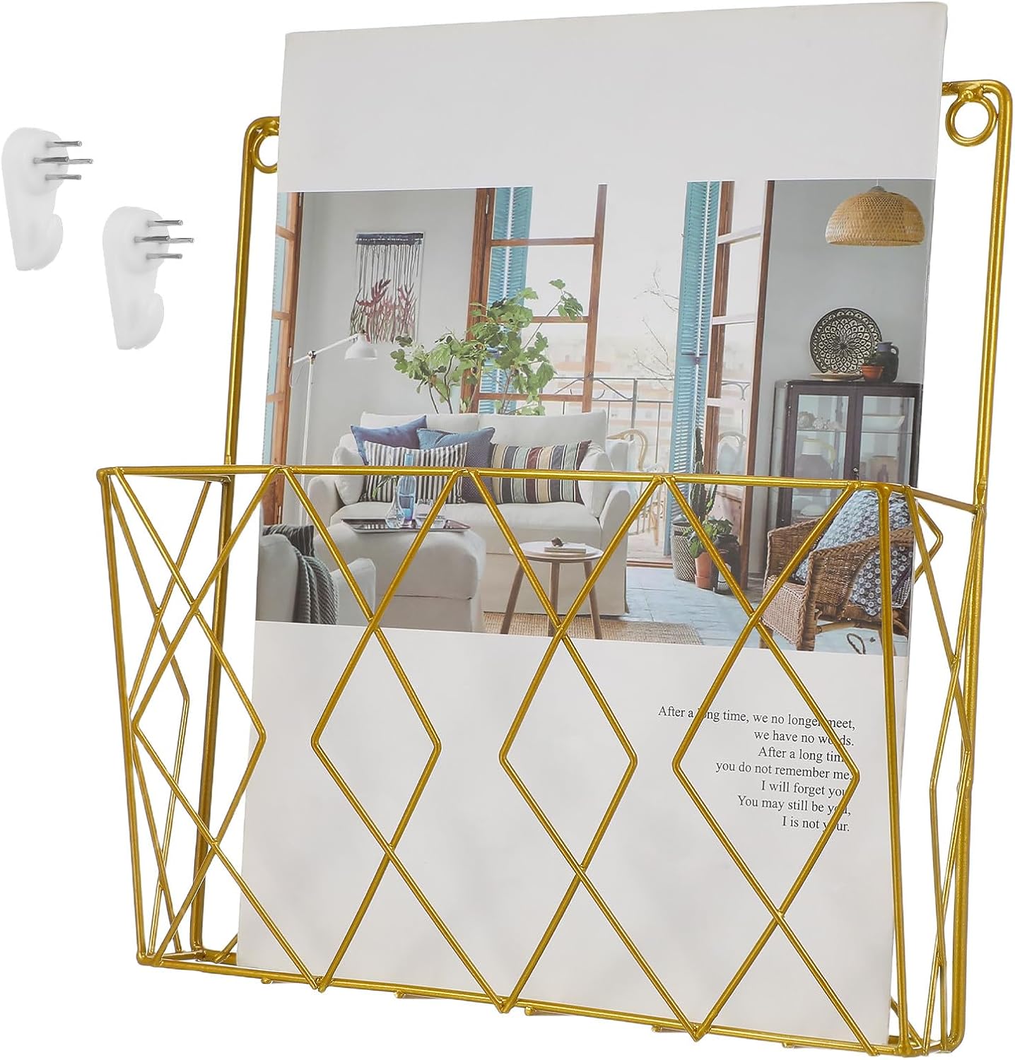 Hemobllo Wall Mounted Magazine Rack, Gold Metal Wire Hanging Book Holder for Office Home Waiting Room, Open Pocket File Document Organizer Display, 10. 2x9. 8x2. 7 Inches