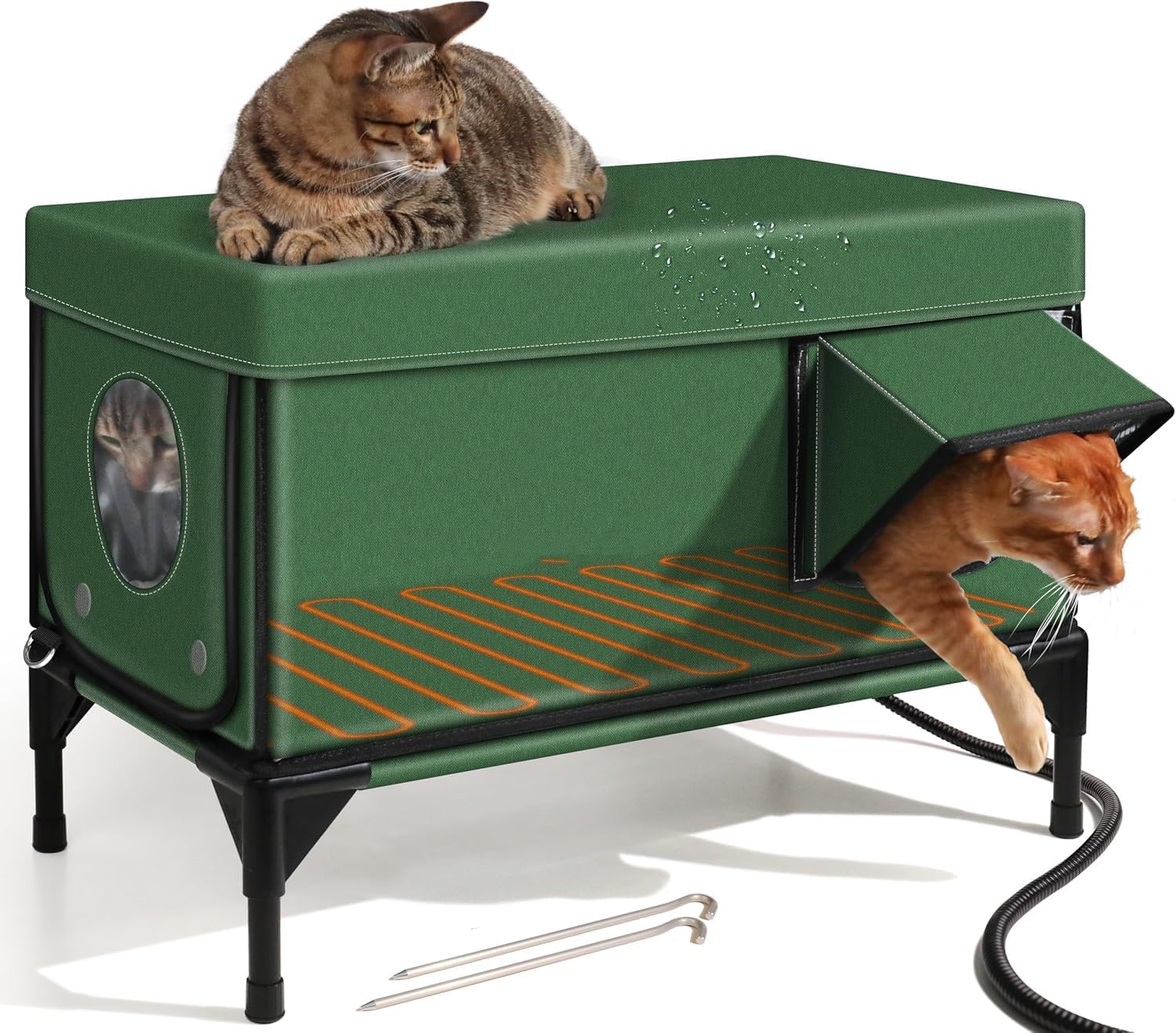 Heated Cat House for outside,Extremely Insulated & Weatherproof in Winter,Elevated Outdoor Cat Shelter with Waterproof Eaves&Escape Door for Feral Stray Barn Cat(Army Green, L:24.52" Lx12.6 Wx17.3 Th)