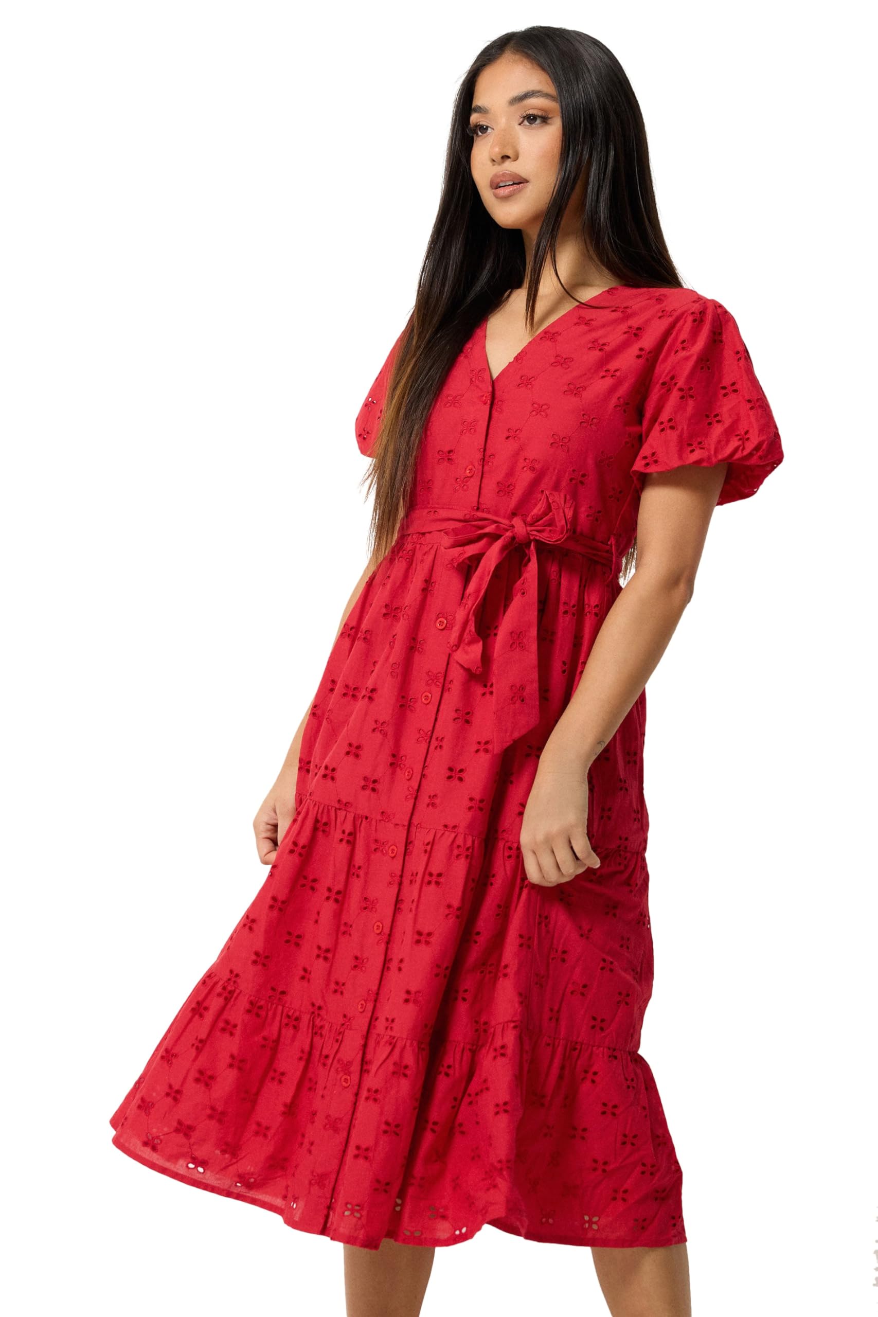 M&Co Petite Women's Broderie Tie Waist Cotton Midi Dress
