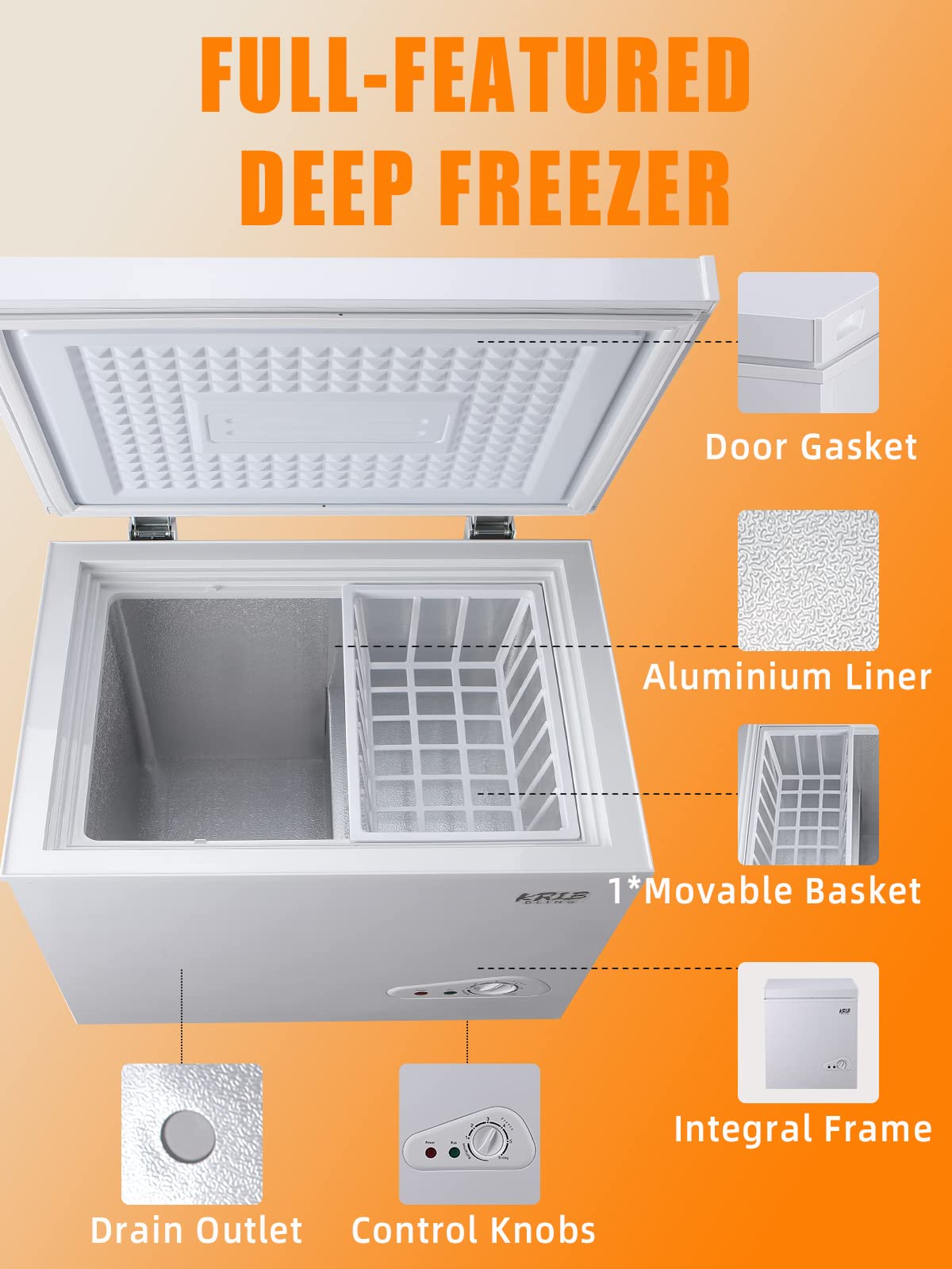 Krib Bling 5.0 Cu.Ft Chest Freezer With A Removable Basket, Deep Freezer With 7 Gears Temperature Control (-16f To -48f), For House, Kitchen, Garage, Basement, Shop, White on Fridge.com - View 6