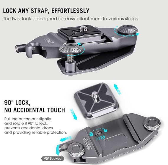 cametv Camera Clip Backpack Clip with Quick Release Plate, Aluminum Backpack Strap Camera Mount Holder with QR Clamp System for Canon, Sony, Nikon, Fuji, DSLR, Action Camera (68001) (Silver)