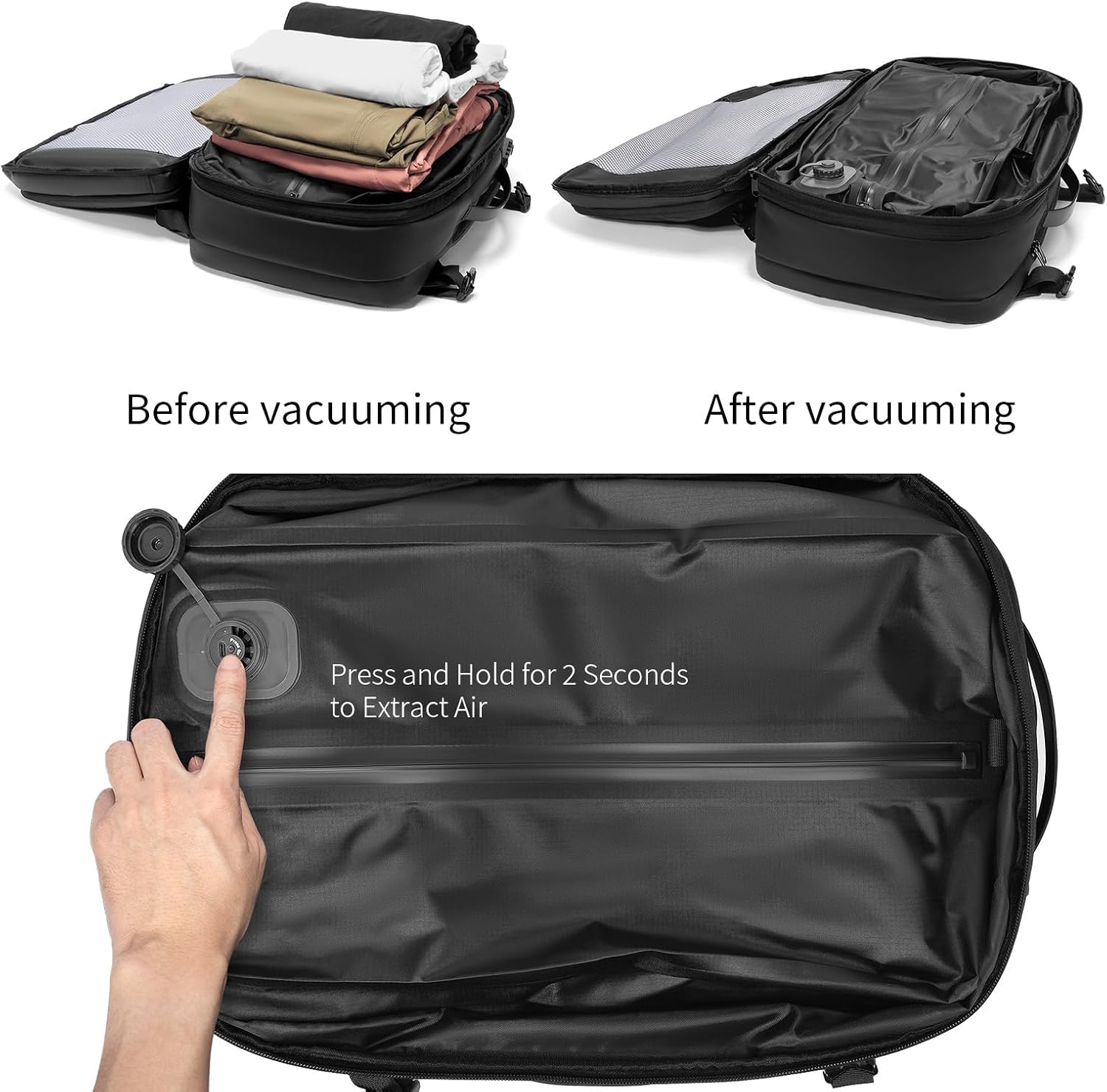 Vacuum laptop bag Compression Backpack Expandable, TSA-Approved Carry-On Water-Resistant Design for Travel with air pump (Built in pump, Large)
