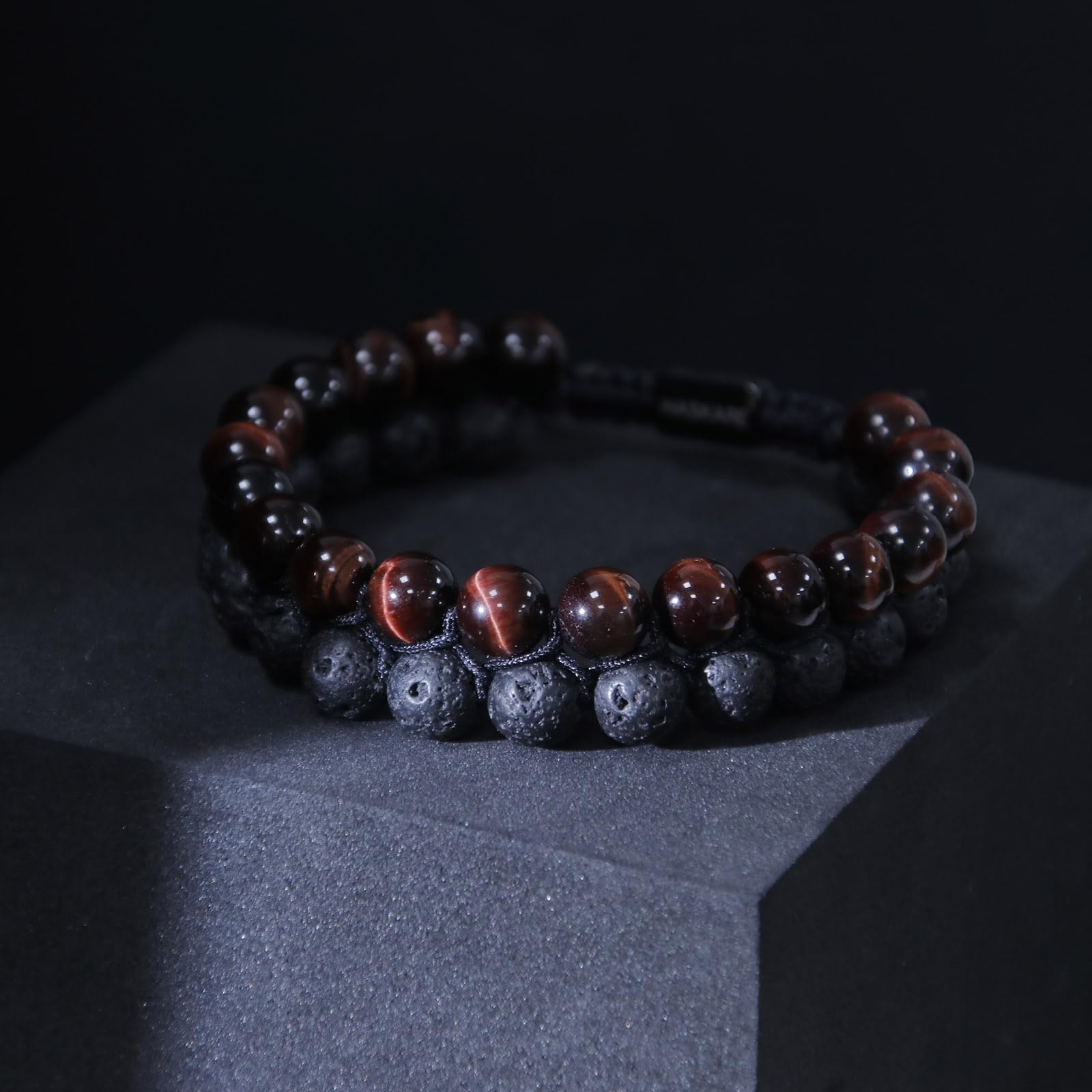 HASKARE Armband Stein Tigerauge Armband für Herren, Echte Steine Perlenarmband Rot Tigerauge Lava Doppelte Perlen Armbander für Männer 19cm, Handmade Energie Edelstein Armband aus für Ihn