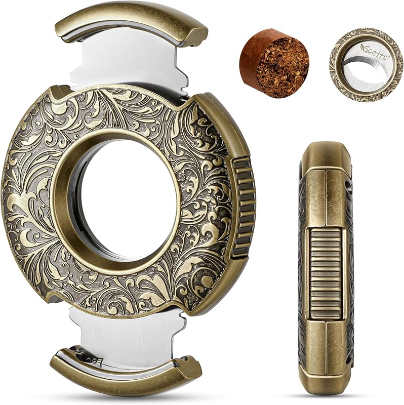 Scotte Cigar Cutter Guillotine Bronze Engraved Cigar Straight Cutter Round Shape Double Stainless Steel Blade Cigar Clipper Portable Cigar Accessories in Gift Box