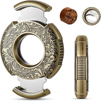 Scotte Cigar Cutter Guillotine Bronze Engraved Cigar Straight Cutter Round Shape Double Stainless Steel Blade Cigar Clipper Portable Cigar Accessories in Gift Box