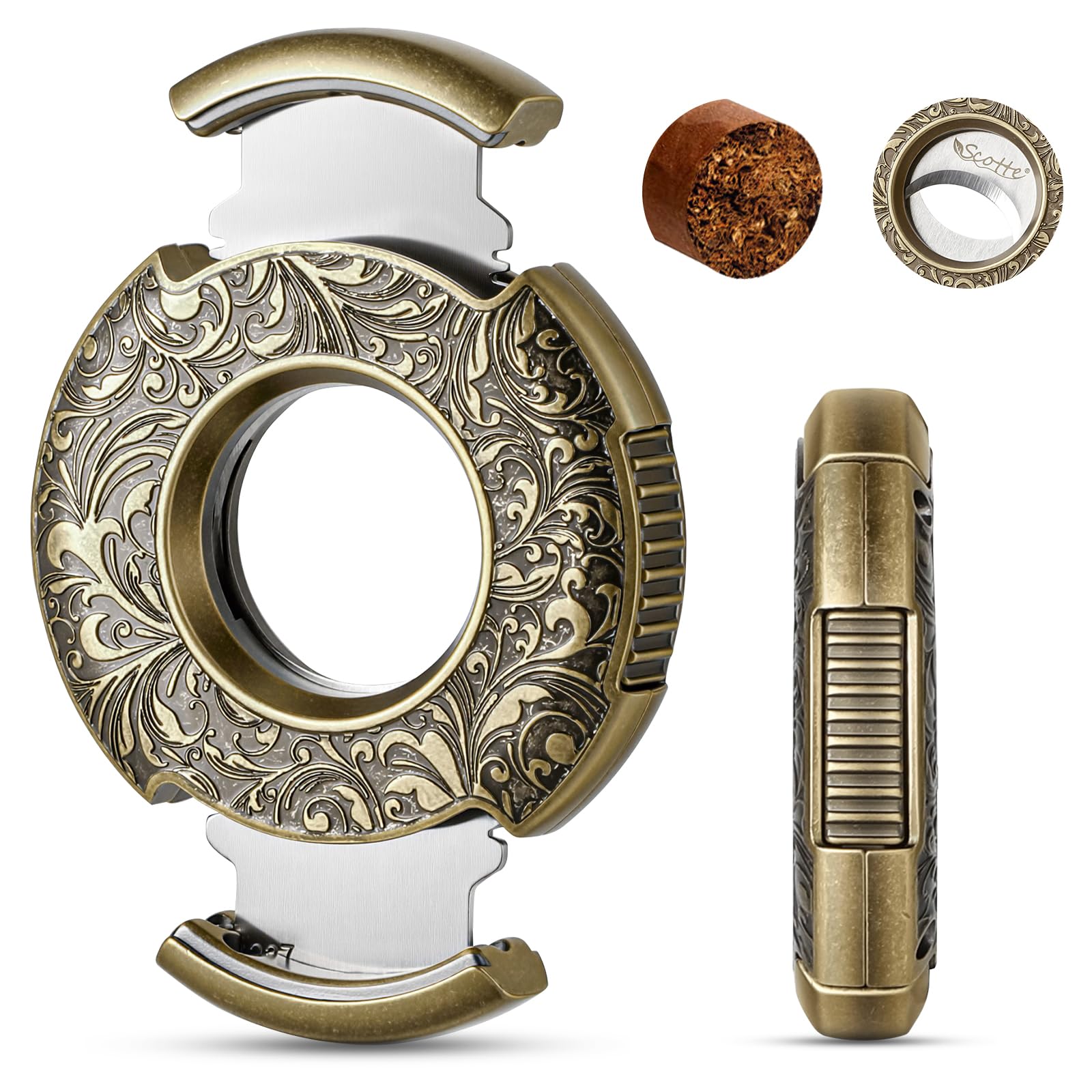 Scotte Cigar Cutter Guillotine Bronze Engraved Cigar Straight Cutter Round Shape Double Stainless Steel Blade Cigar Clipper Portable Cigar Accessories in Gift Box