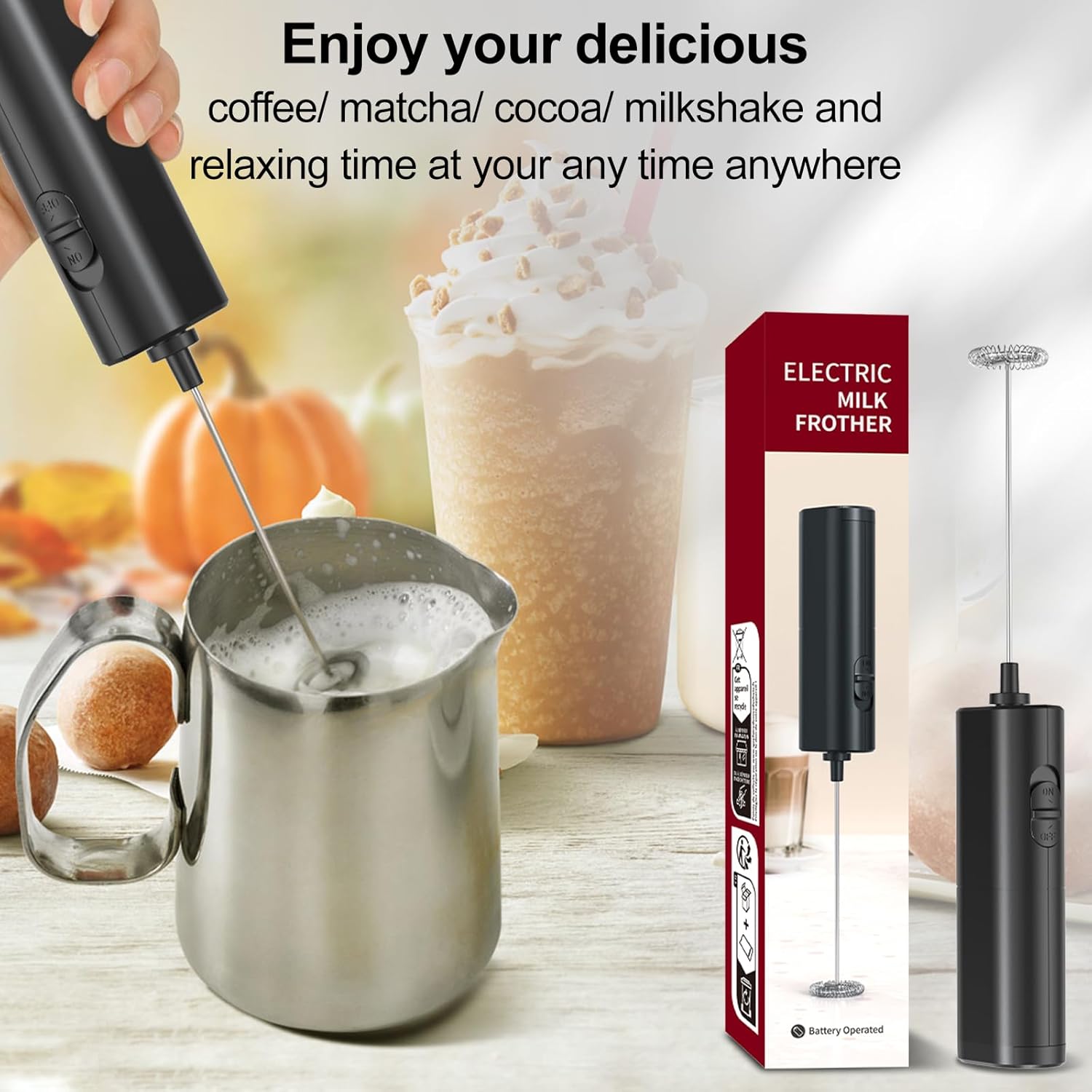 Milk Frother Handheld, COKUNST Battery Operated Milk Frother for Matcha Coffee, Electric Drink Mixer Portable Mini Foam Maker for Frappe, Hot Chocolate, Cappuccino and Latte, No Stand, Black