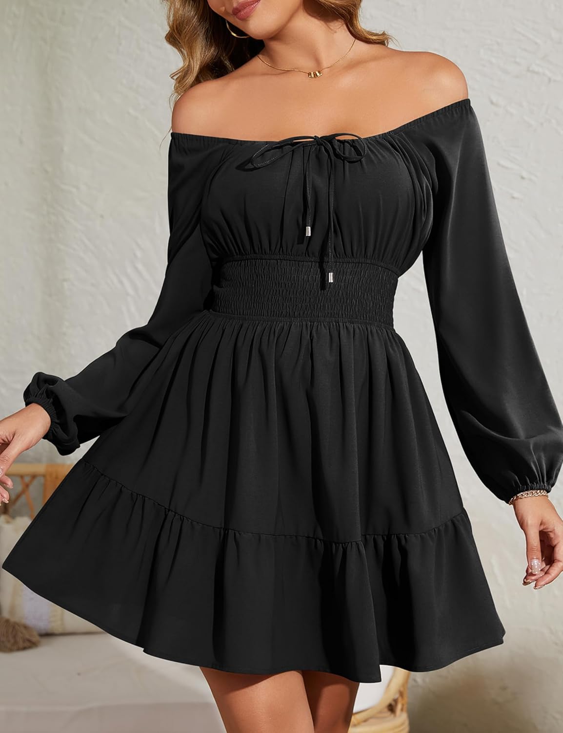 Florboom Women's Adjustable Square Neck Drawstring Dress Puff Long Sleeve Smocked Waist Mini Dresses - Image 3