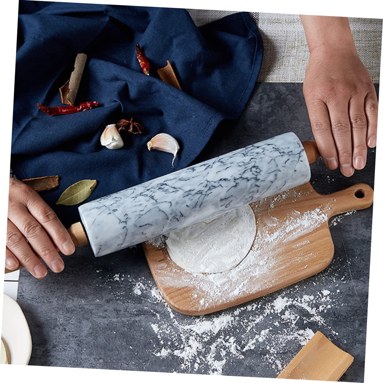 Cabilock Rodillo de Mármol para Masa Mango de Madera, Diseño Sencillo, Práctico y Multiuso para Hornear en Casa