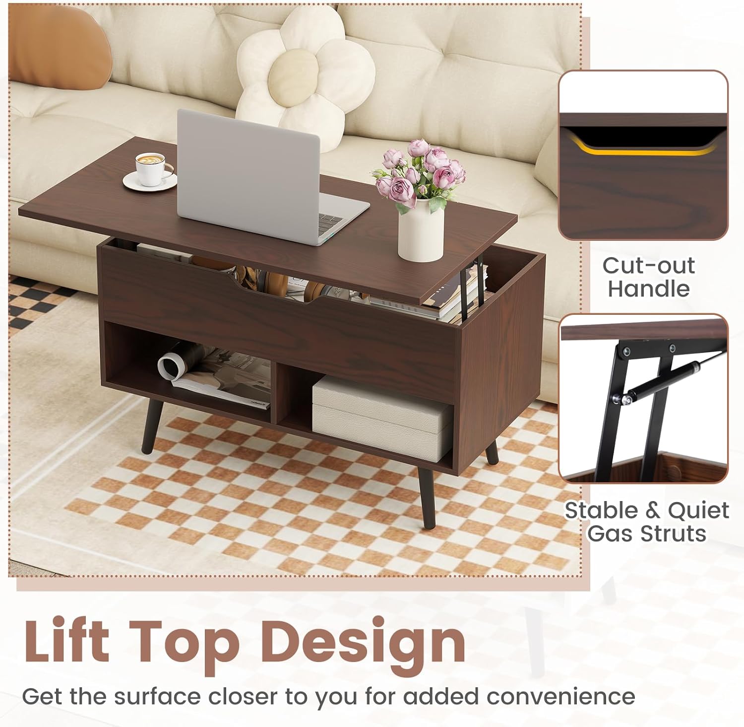 Nightcore Lift Top Coffee Table, Modern Wooden Center Table w/Hidden Compartment & 2 Open Storage Shelves, 17.5" to 23" Adjustable Height, Living Room Table for Office, Reception Room (Walnut)