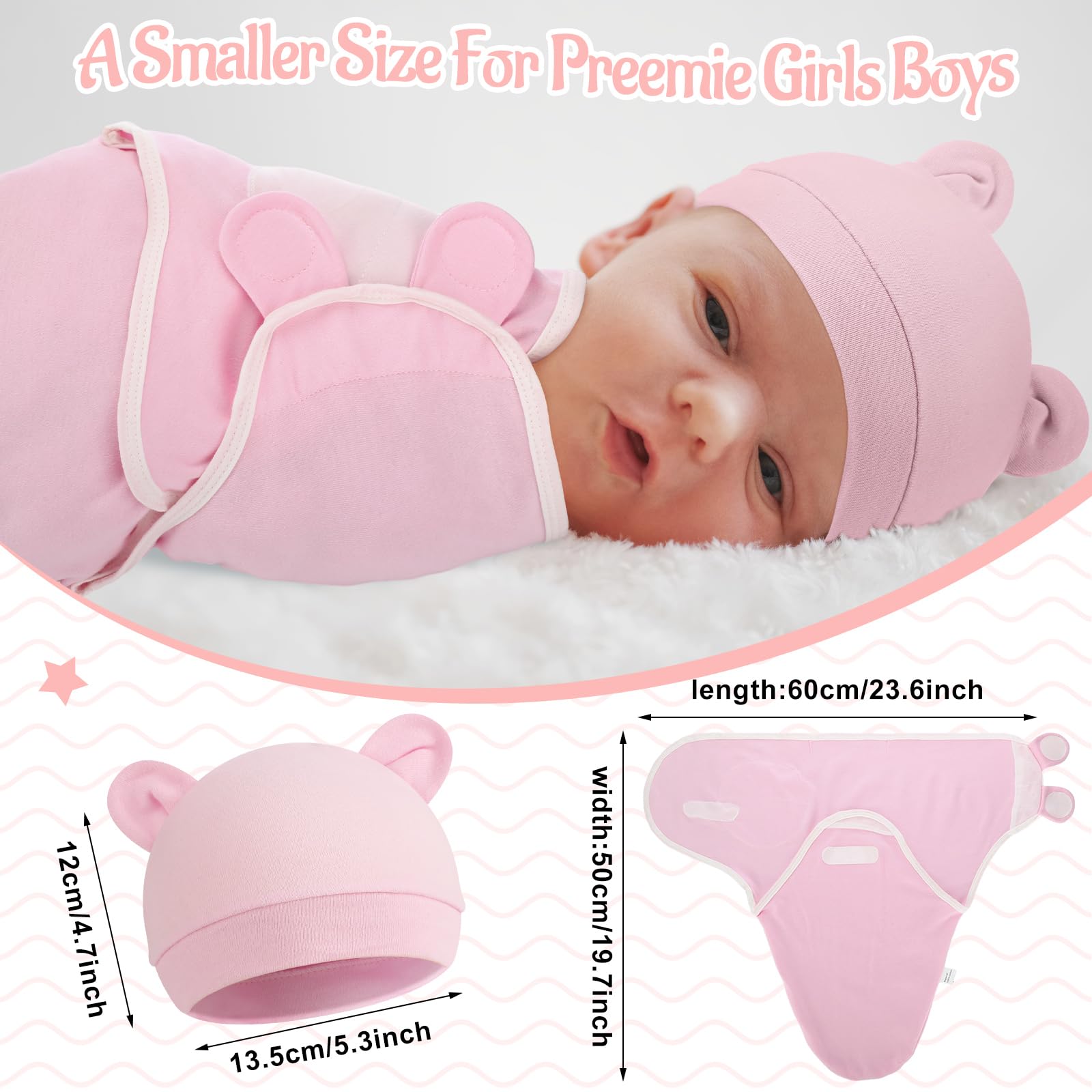 Namalu Preemie Wickeldecken-Set mit Mütze für Babys, Jungen und Mädchen, 1,4–3,2 kg, Frühchen, Neugeborene, Kleidung, Schlafanzug, Rosa, Boho, 4 Stück
