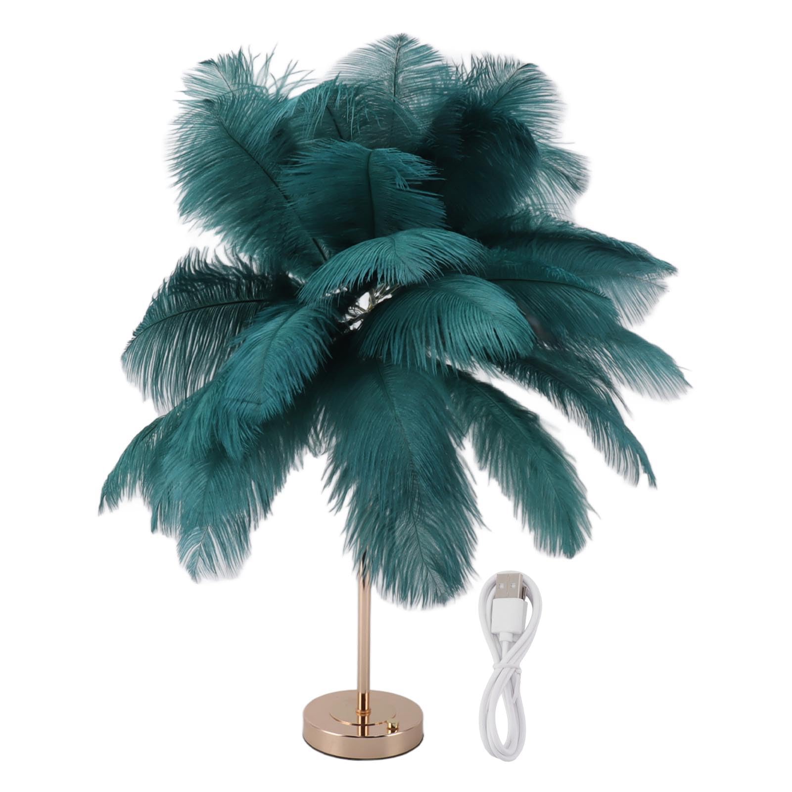 ViaGasaFamido Lámpara de Mesa LED con Pantalla de Plumas de Avestruz, Verde Oscuro, 55cm Altura, Táctil, 3 Colores de Luz, Recargable USB