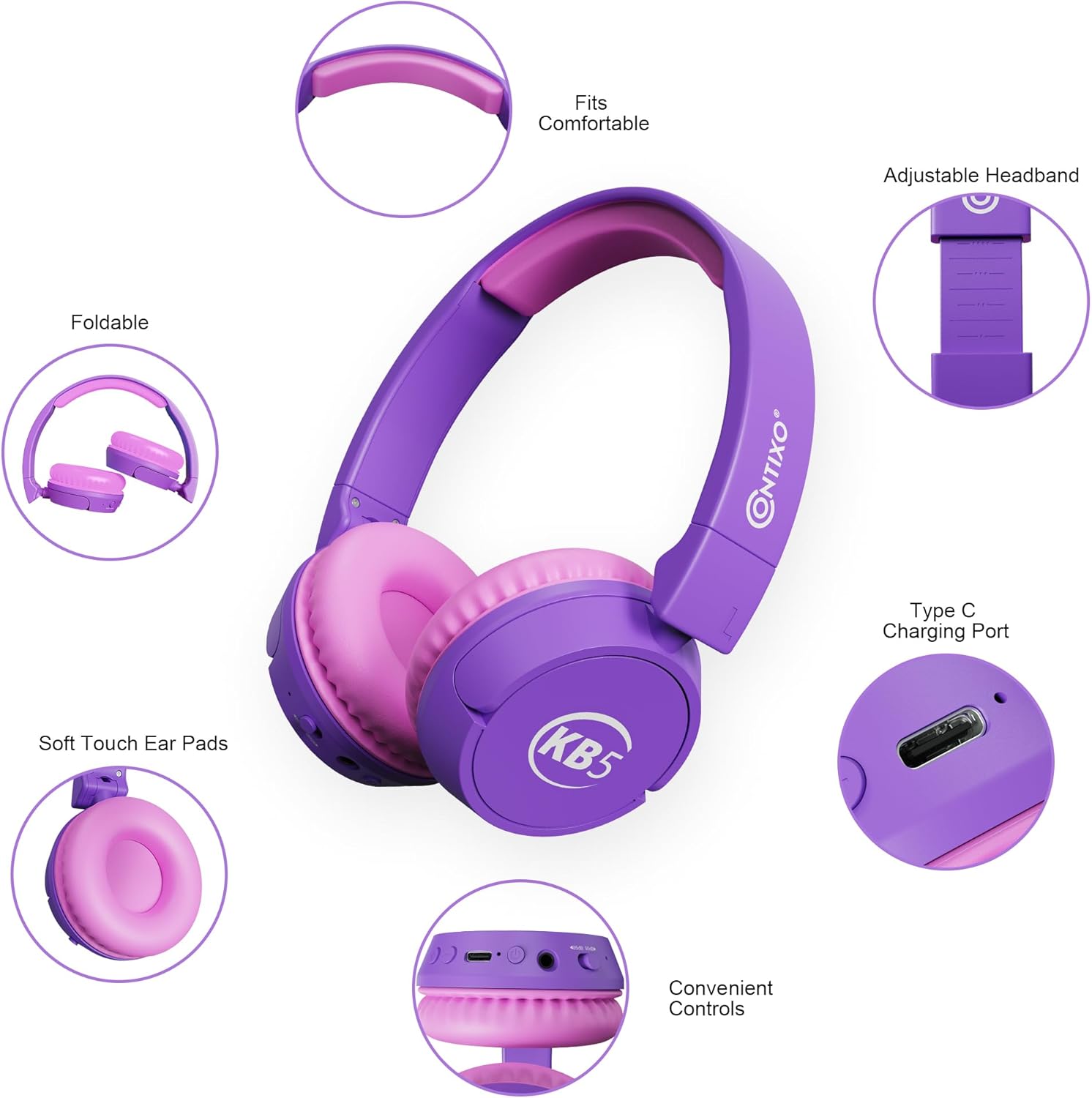 Contixo KB5 Kids Bluetooth Headphones - Wireless Over-Ear Foldable Headphones with Volume Limiter (85dB), Built-in Microphone, Adjustable & Comfortable Design for Boys & Girls - Purple + White