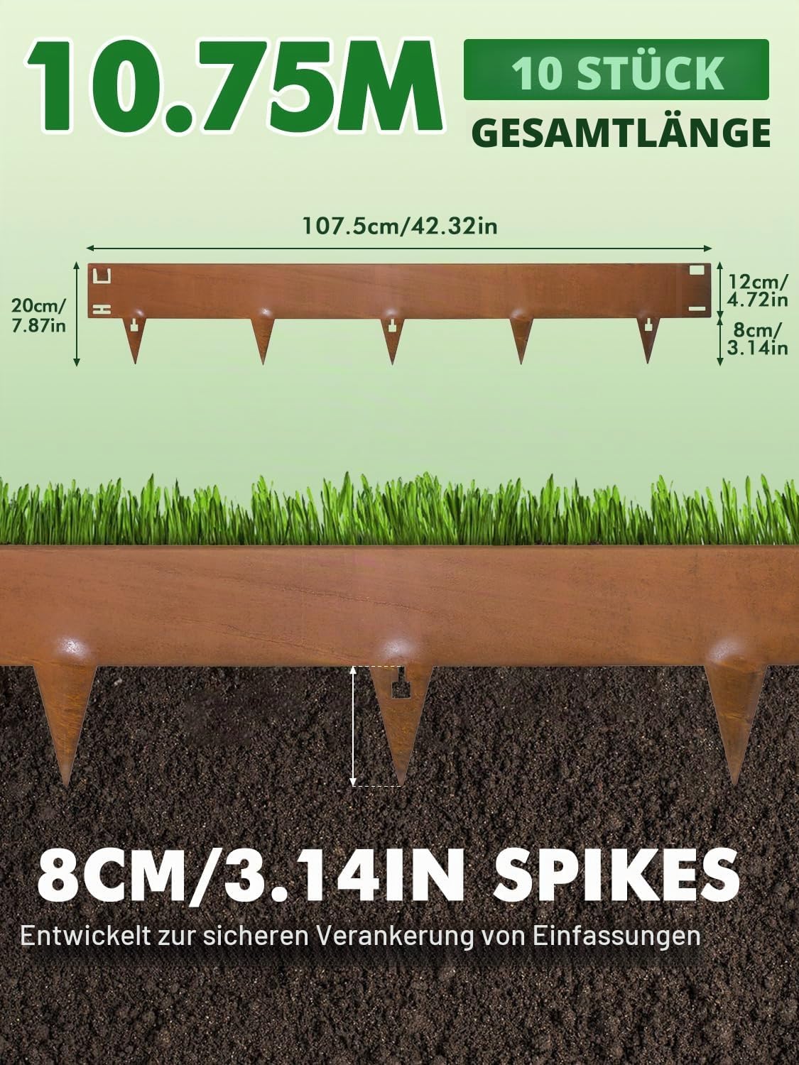 Rasenkante Cortenstahl,10 Stücke 107.5cm Flexible Beetumrandung Beeteinfassung,20cm Höhe Beetumrandung Garten,Biegbarer Mähkante Beetbegrenzung für Gärten,Beete,Wege,Rasen