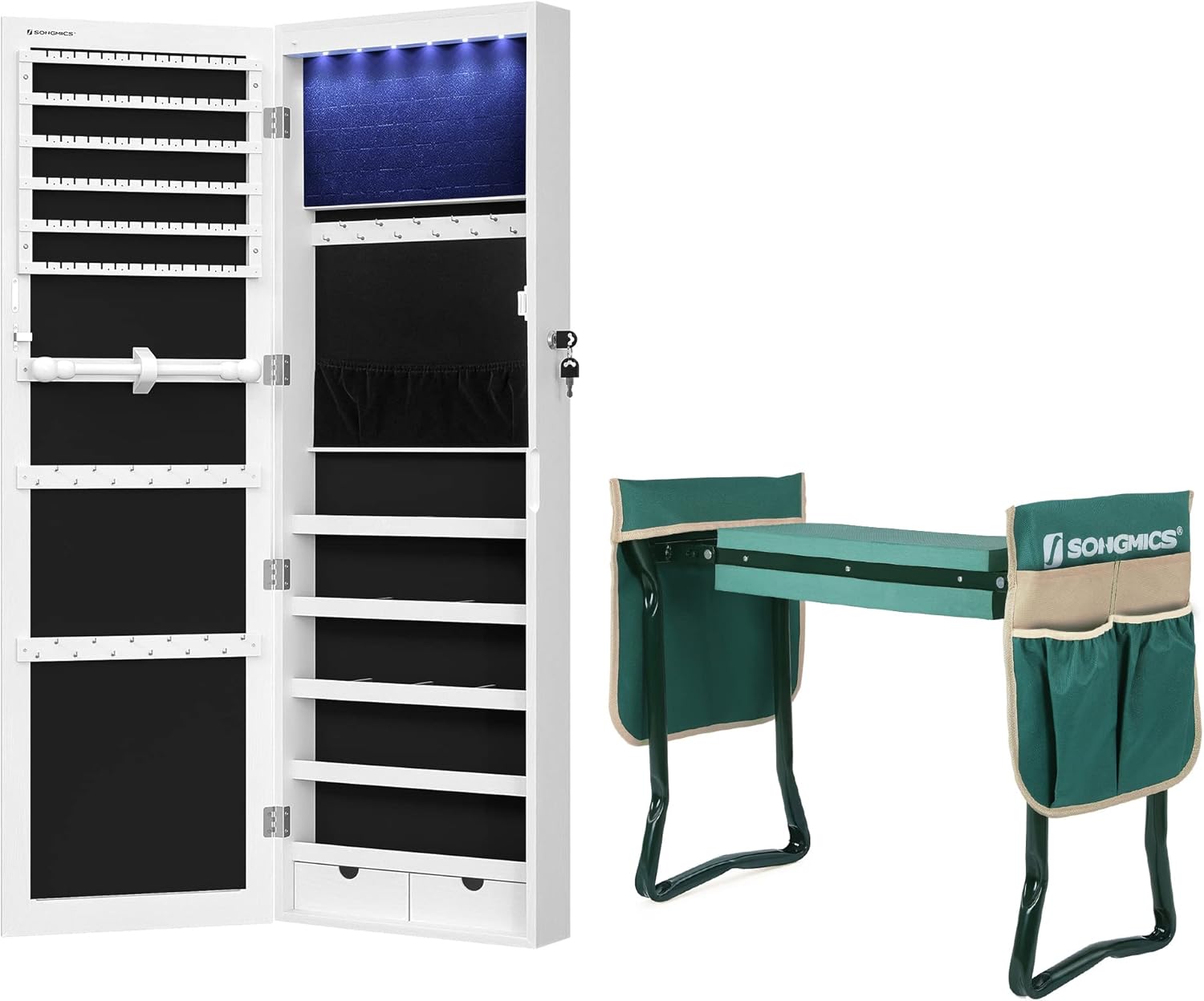 SONGMICS Mirror Jewelry Cabinet and Garden Kneeler Bundle, 47.2"H Lockable Wall/Door Mounted Jewelry Armoire Organizer with Mirror, Gardening Stool, Gift Set, White and Dark Green UJJC93W and UGGK50L