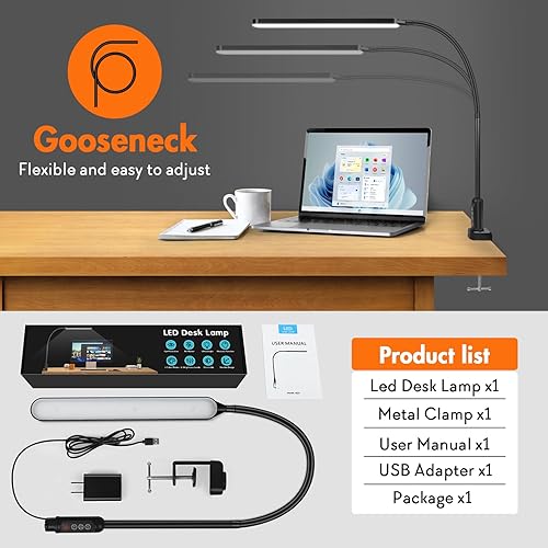 Miniatura 7 de Lámpara LED de escritorio para oficina en casa, luz de escritorio de cuello de cisne flexible de 1400 lm con abrazadera, 5 modos x 11 modos de
