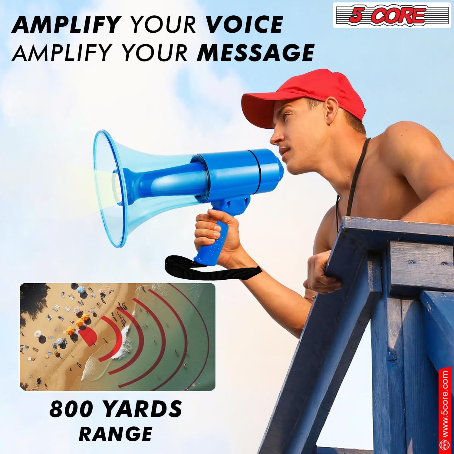 5 CORE Megaphone 50W Waterproof Bull Horn PA Speaker w 800 Yard Range Flashlight Loud Siren Voice Amplifier Lightweight Portable Megafono - HW 18 WP