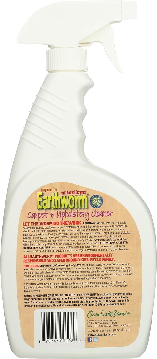 Earthworm Carpet & Upholstery Cleaner Spot & Stain Remover - Natural Enzymes, Safer for Family, Environmentally Responsible - 22 oz