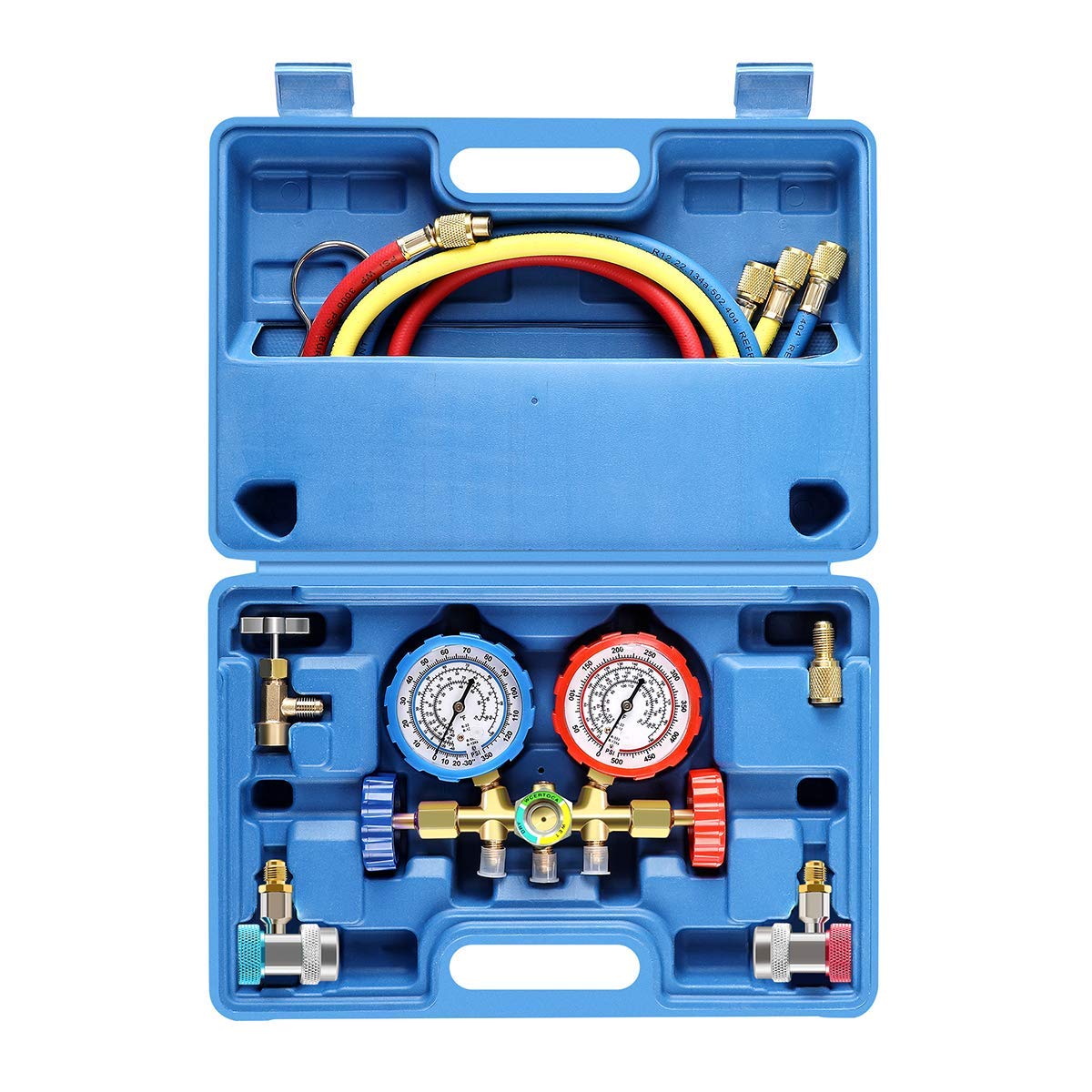 Photo 1 of Orion Motor Tech 3 Way AC Diagnostic Manifold Gauge Set for Freon Charging, Fits R134A R12 R22 and R502 Refrigerants, with 5FT Hose, Tank Adapters, Adjustable Couplers and Can Tap Blue