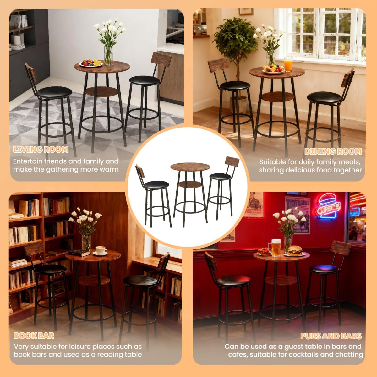 3-Piece Round Bar Table and Chairs Set, Bistro Table and Chairs Set of 2 Rustic Brown, MDF and Iron, 2-Tier Storage, with 2 PU Upholstered Stools for Kitchen, Dining Room, Bar