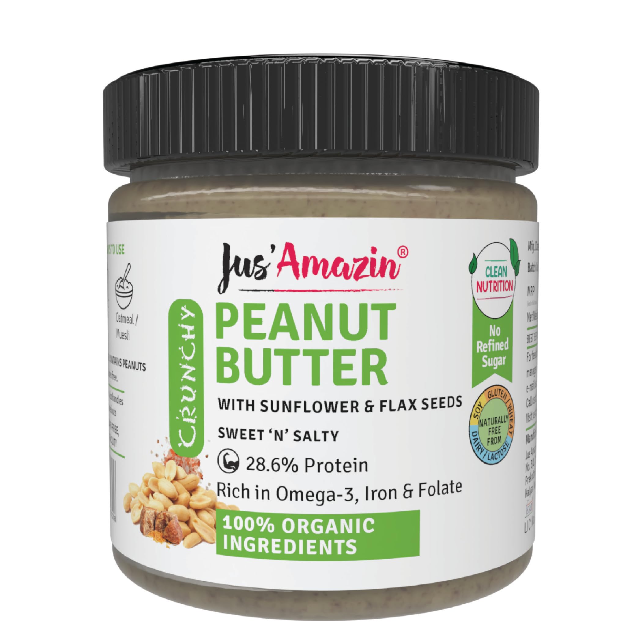 Jus Amazin Crunchy Organic Peanut Butter – with Crunchy Flax and Sunflower Seeds | 28% Protein | Plant-Based Nutrition | Rich in Omega-3 | Zero Chemicals | Dairy Free | 100% Organic Ingredients (B07JFZJZ2X) Amazon Price History, Amazon Price Tracker
