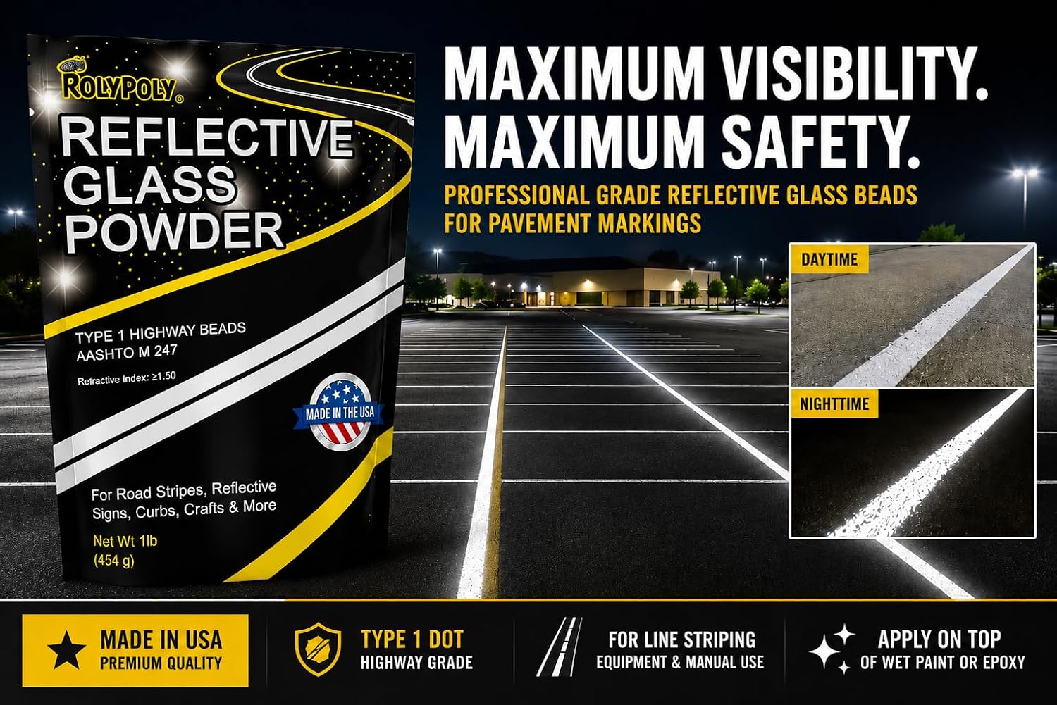 Reflective Glass Powder for Traffic Paint & Epoxy - Type 1 DOT Highway Grade, Made in USA, Broadcast on Wet Paint for Maximum Reflectivity, Parking Lots, Curbs, Driveways & Pavement Markings