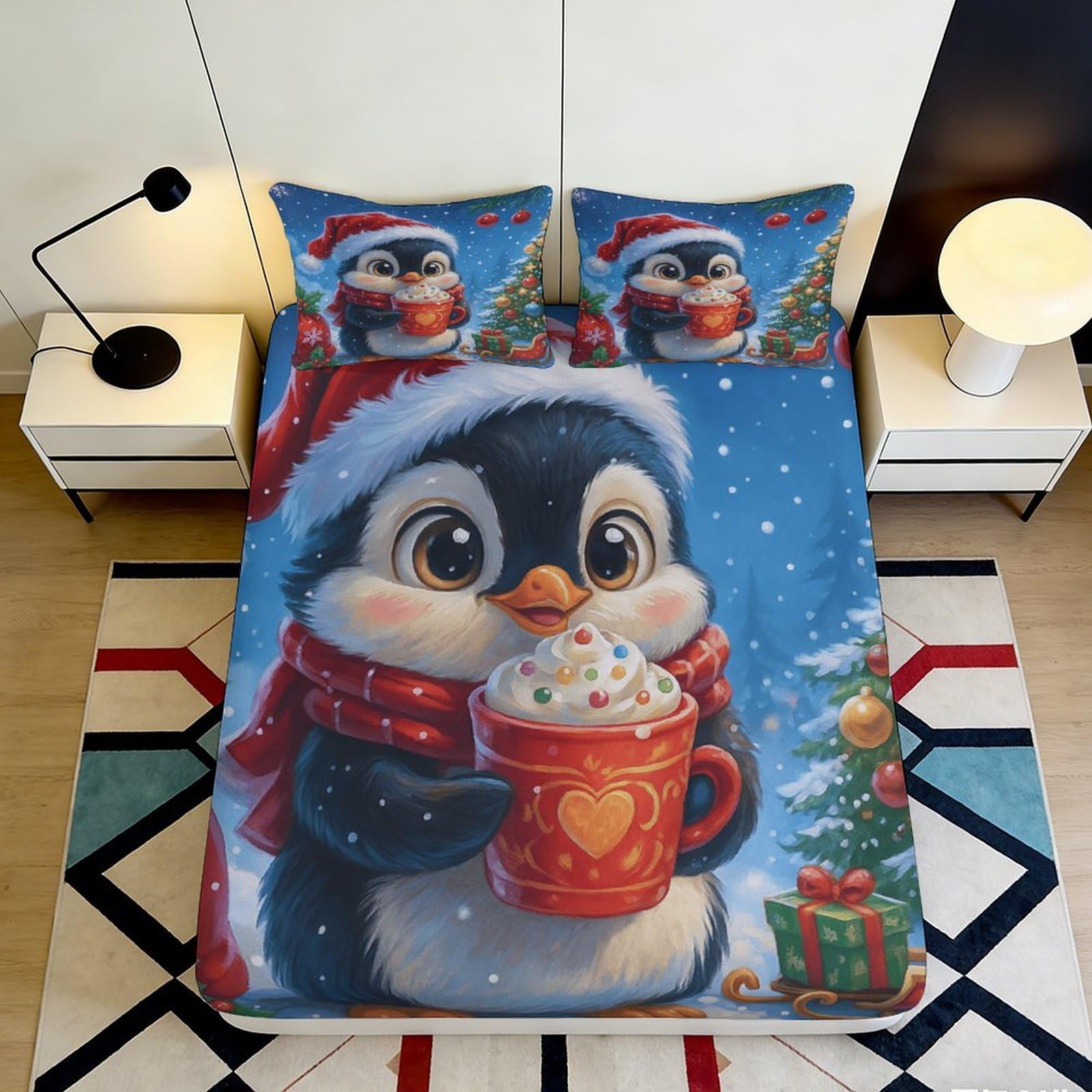 Pnayamiorkfel Style-3 3D Printed Christmas Penguin Fitted Sheet Microfiber Soft Blue Cartoon Bed Sheet For Bedroom Guest Room Decor 90X200x25cm