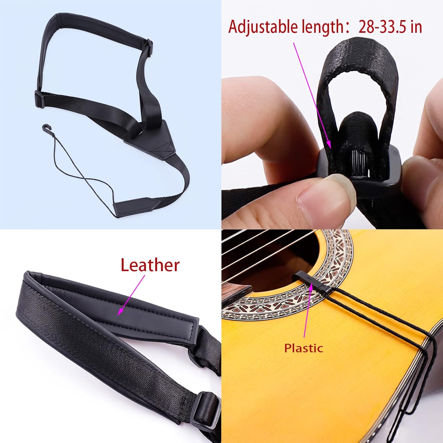 RAUYIVANY Classical Guitar Strap,Soft Leather Shoulder Strap Width 1.5 in, Length Adjustable 28-33.5 in, Suitable for Classical Guitar Ukulele(Black)