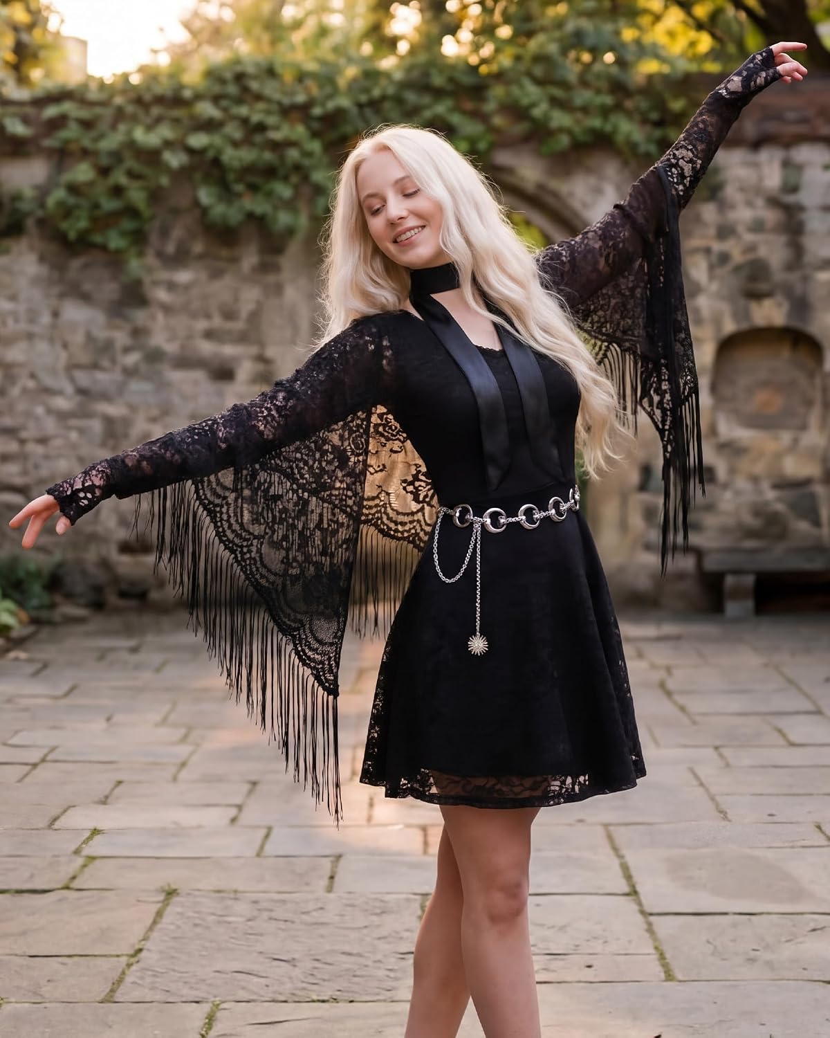 Glitopper 4 Pcs Punk Costume Accessory Set Lace Shawl Gloves Chain Scarf image 3