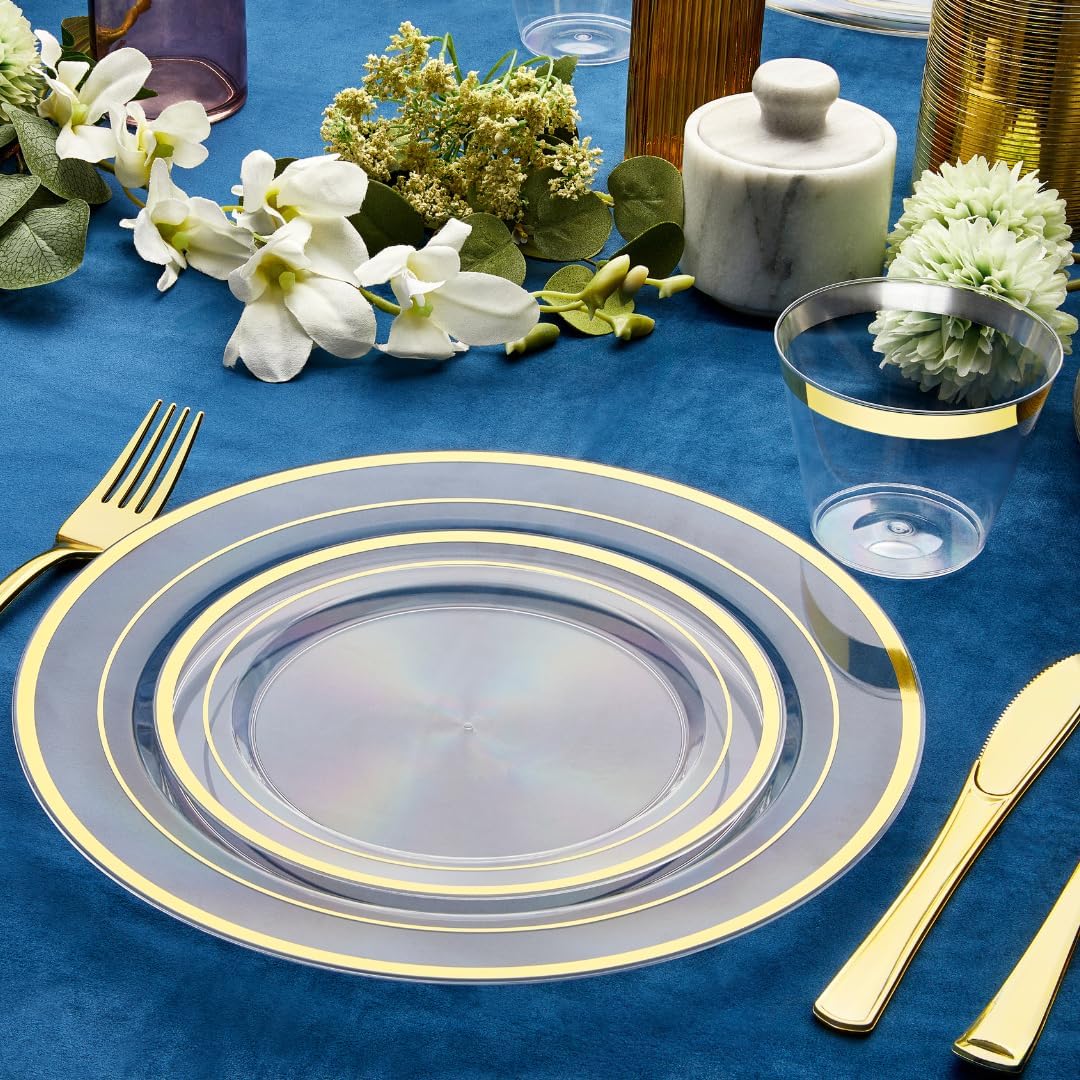 R-kay 100 Pack Clear Gold Plastic Plates - 6.25 IN Gold Rimmed Sturdy, Durable And Extra Heavy duty Gold Plastic Dessert Plates Disposable - Appetizer Plates Disposable For All Occasions - Image 5