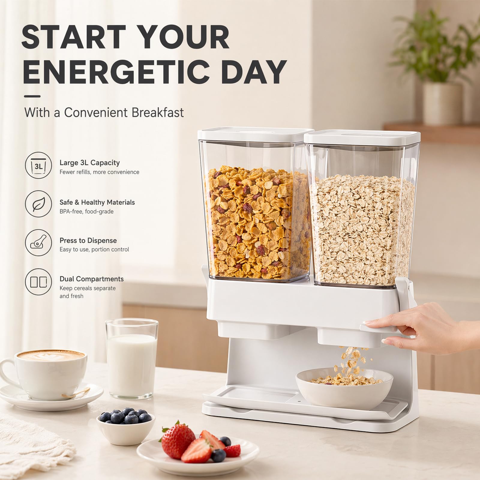 Juego de 2 dispensadores de cereales, 2 dispensadores de cereales de 3 L, a prueba de fugas y aptos para alimentos, recipientes transparentes herméticos para cereales, nueces, granos de café y avena
