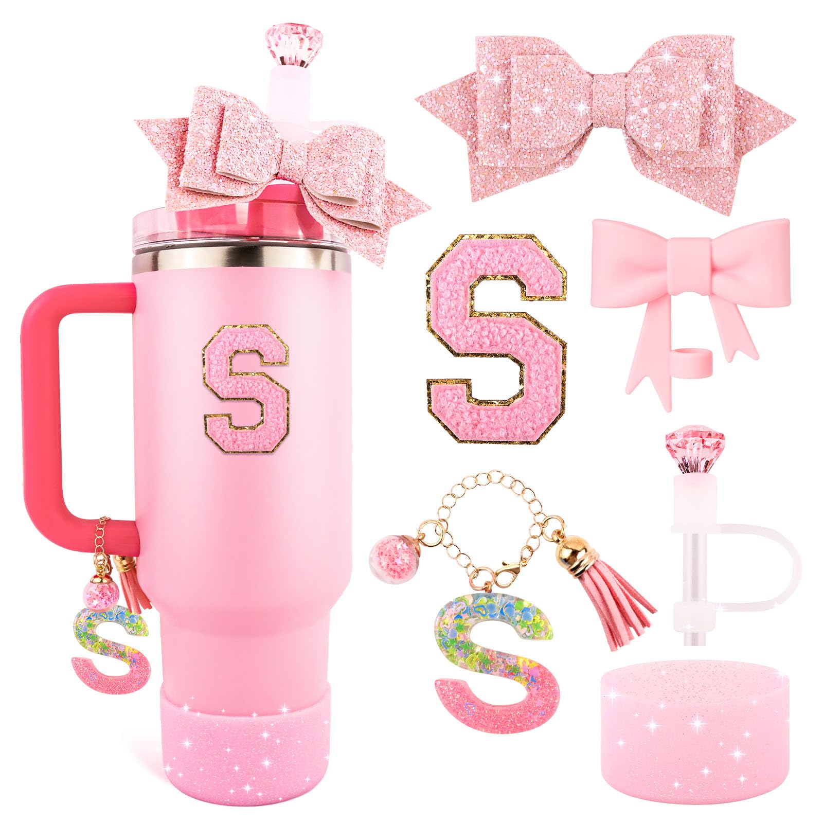 Set Di 5 Accessori Glitterati Per Tazza Stanley: Cannuccia, Stivale In Silicone E Ciondoli Lettera. Personalizza La Tua Borraccia!